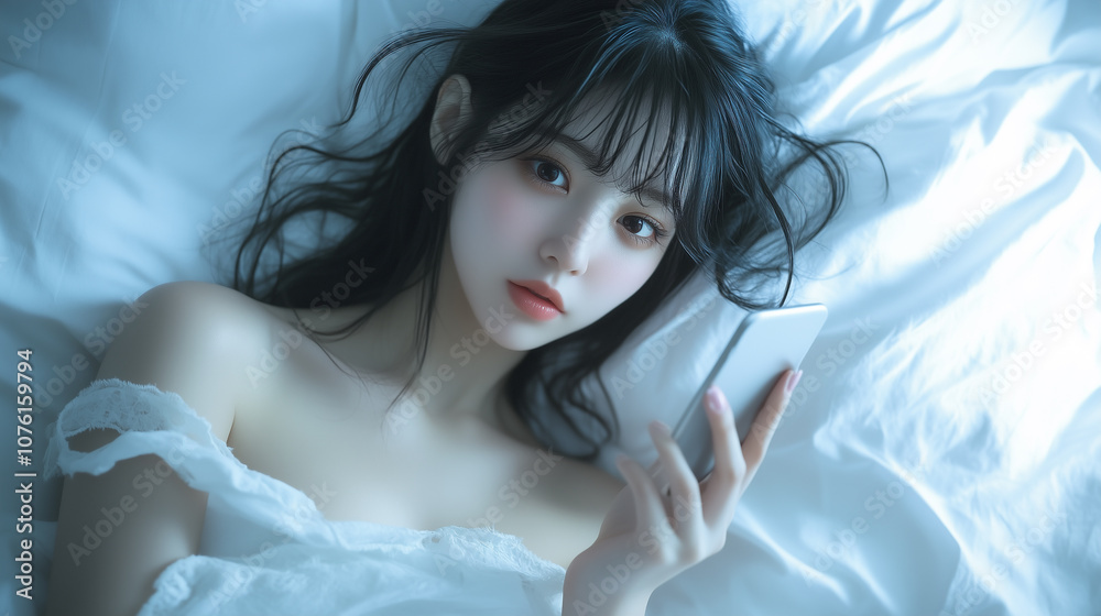 若くてかわいい女性がベッドで横になっている。寝る前にスマホを操作している光景。 若くてかわいい女性がベッドで横になっている。寝る前にスマホを操作している光景。