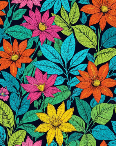 Botanical pattern for printing on wall decorations, covers. Artistic brush strokes. Oil painting