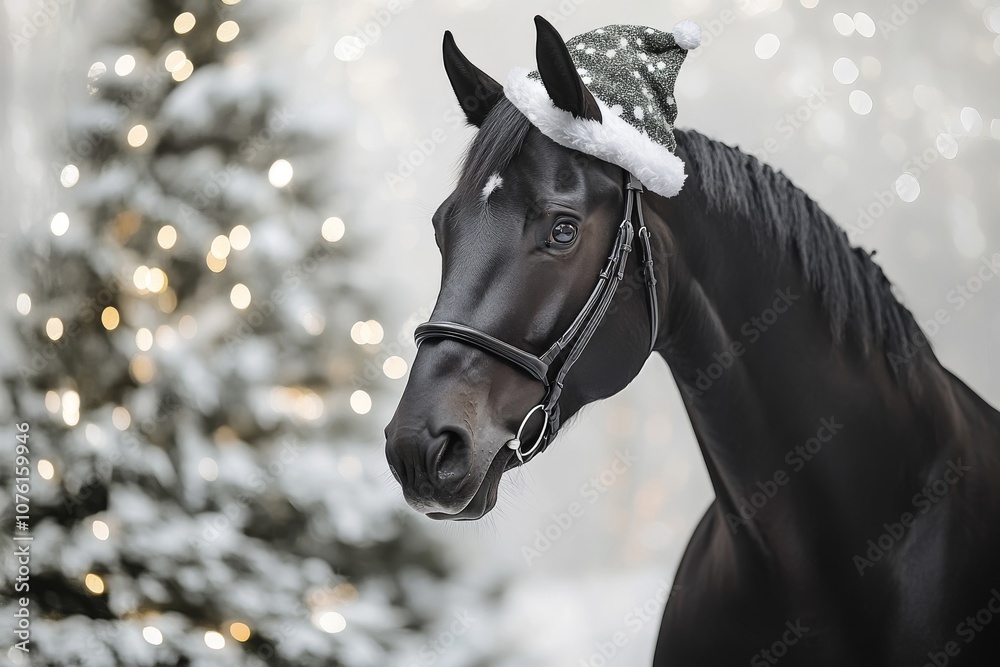 Obraz premium A cute horse in a red and white Christmas and New Year's hat on a white background with a Christmas tree and fir branches. A Christmas card with a cute animal. Winter wallpapers. Copy space