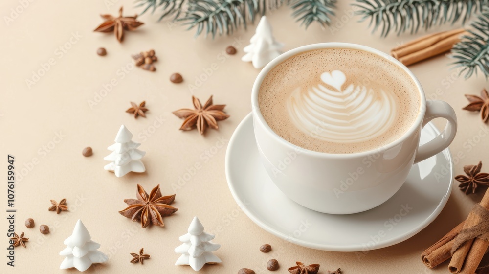 Fototapeta premium A warm cup of latte topped with heart-shaped foam, surrounded by winter decor and spices, creating a cozy atmosphere.