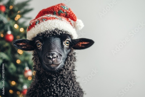 A cute sheep in a red and white Christmas and New Year's hat on a white background with a Christmas tree and fir branches. A Christmas card with a cute animal. Winter wallpapers. Copy space photo