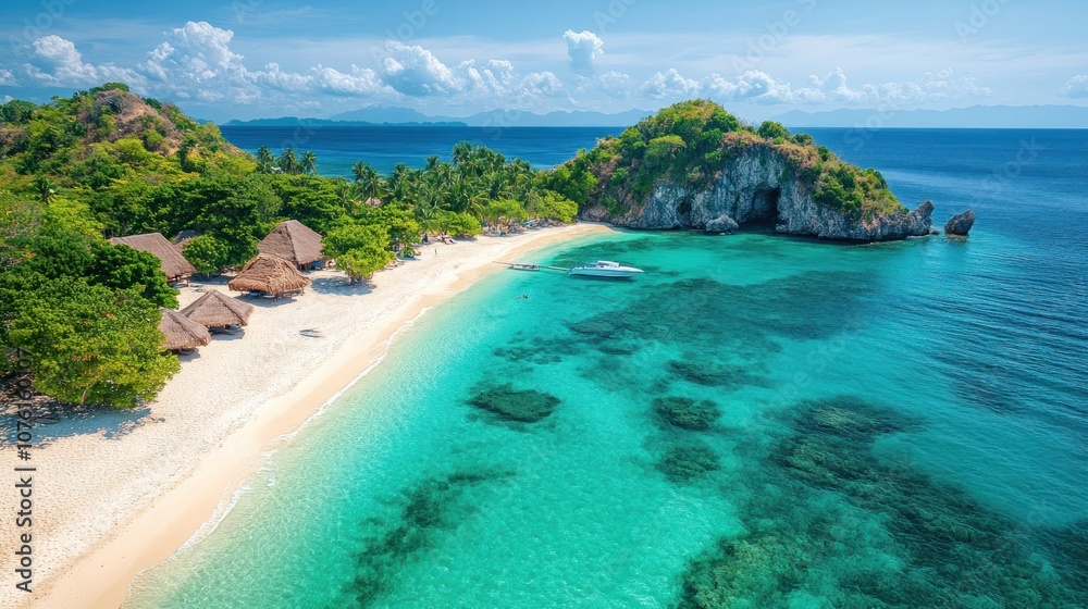 Tropical beach with clear waters and lush greenery. Tropical beach with clear waters and lush greenery.