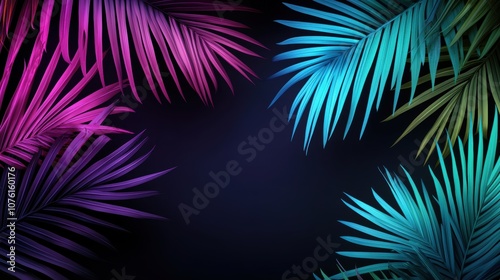 A cluster of palm leaves illuminated by a gradient neon light, shifting from deep purple to electric green, emphasizing the leaves' textures and creating a futuristic vibe.