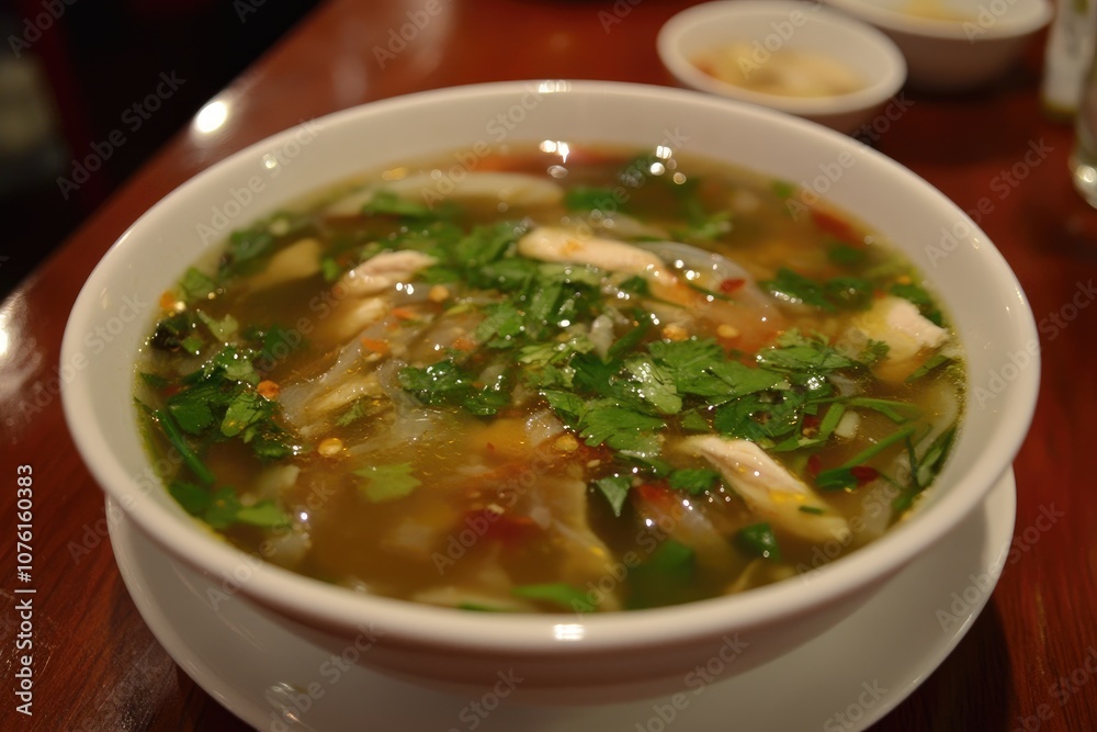 A bowl of chicken soup with cilantro and vegetables A bowl of chicken soup with cilantro and vegetables