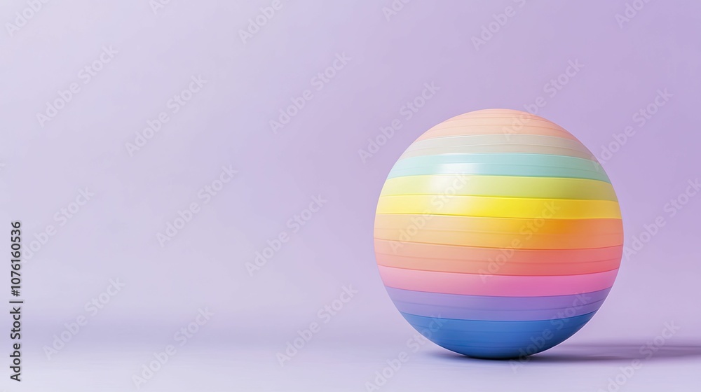 Balance ball with textured grip in a rainbow gradient, adjustable straps for stability, solid lavender background Balance ball with textured grip in a rainbow gradient, adjustable straps for stability, solid lavender background