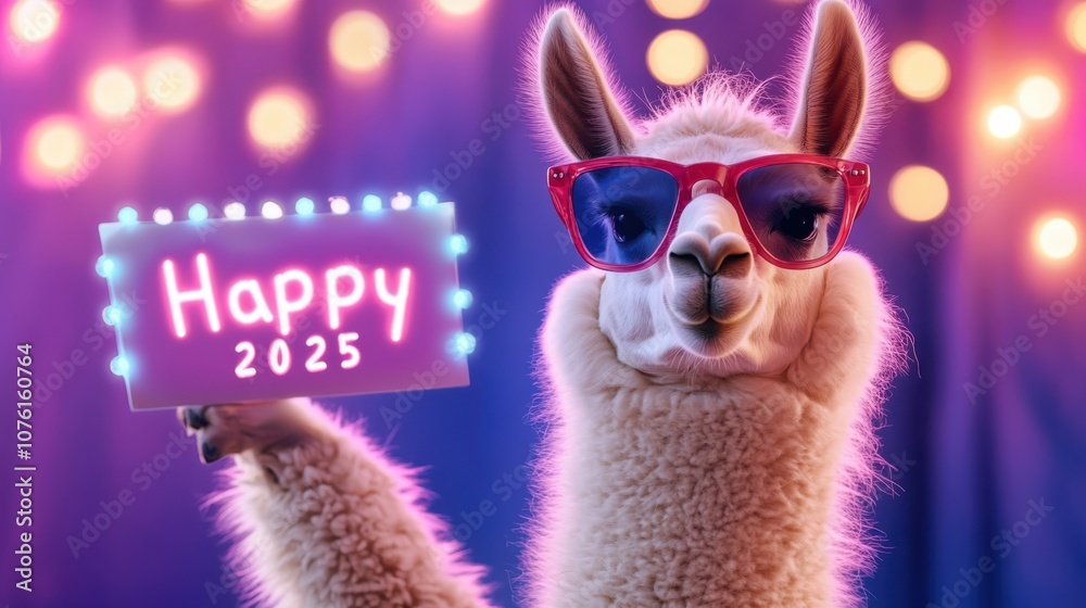 Naklejka premium A cheerful llama wearing sunglasses holds a brightly lit sign that says 