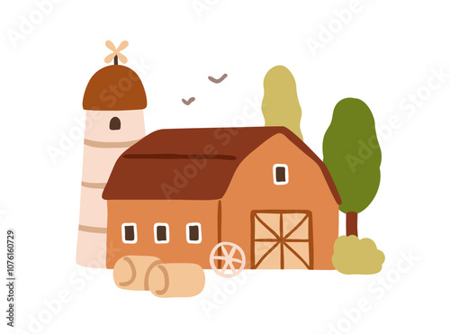 Farm barn house, silo tower, farmhouse, rural scene. Countryside agriculture ...