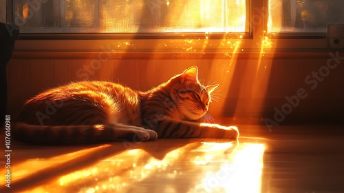 Sunlight gently streaming through a window, with a cat lounging in the warm glow, soft rays highlighting its relaxed posture and casting light reflections on the floor, calm and photorealistic, photo