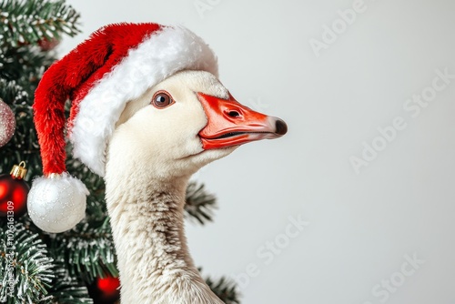 A cute goose in a red and white Christmas and New Year's hat on a white background with a Christmas tree and fir branches. A Christmas card with a cute animal. Winter wallpapers. Copy space photo