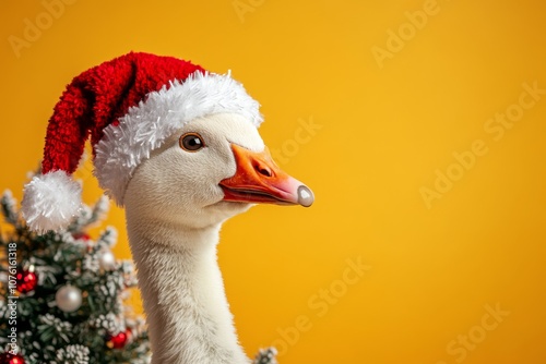 A cute goose in a red and white Christmas and New Year's hat on a yellow background with a Christmas tree and fir branches. A Christmas card with a cute animal. Winter wallpapers. Copy space photo