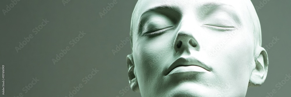 A close-up of a smooth, featureless mannequin head with a serene expression. A close-up of a smooth, featureless mannequin head with a serene expression.
