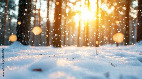 Gentle snowflakes falling against a backdrop of a snow covered forest, with tall pine trees dusted in white, sunlight filtering through the branches, creating a magical and serene atmosphere.