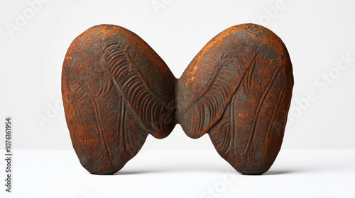 Rustic double-wing shaped sculpture with intricate carvings and textured surface, displayed on a white background for artistic presentation and appreciation. photo