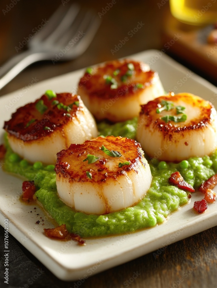 Scallops with pearl onions and bacon