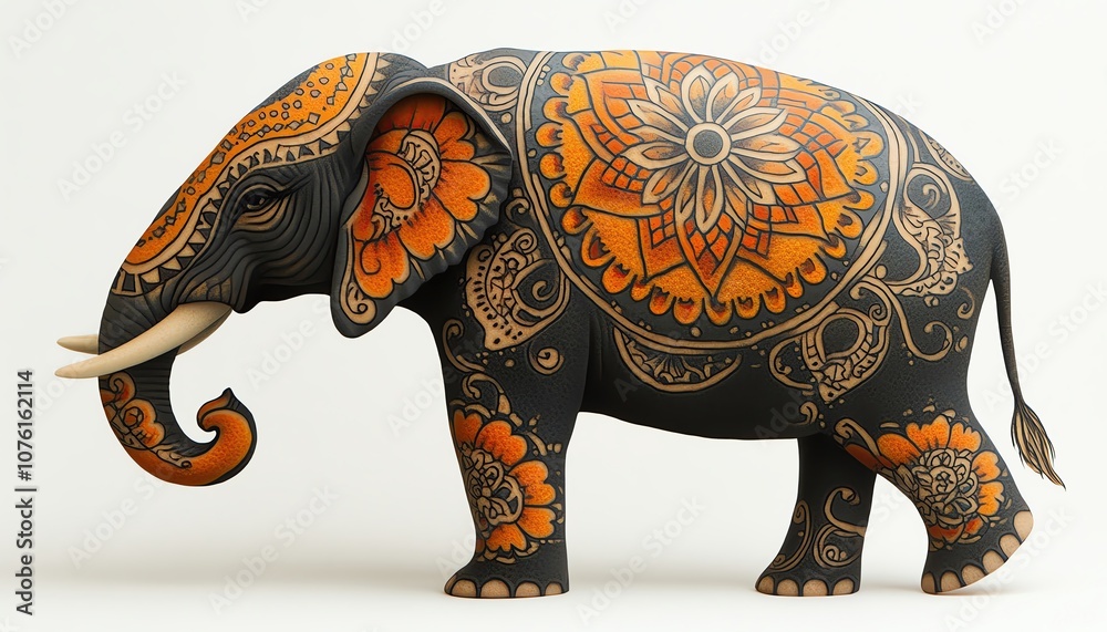 Obraz premium Isolated on white background, an artistic tattoo of an elephant with mandala patterns on its head and body, crafted by a professional tattoo artist with a love for wildlife
