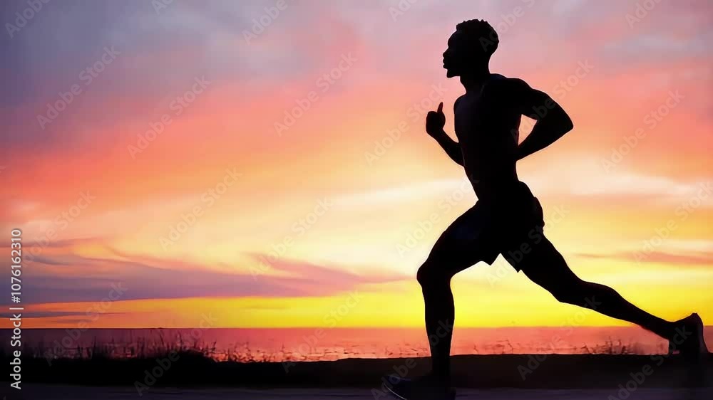 Silhouette of a Black male runner against a vibrant sunset background. Silhouette of a Black male runner against a vibrant sunset background.