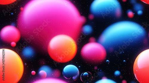 Vibrant colorful spheres in space - abstract bokeh background with neon glow