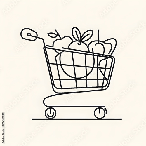 Minimalist shopping cart with fresh fruits line art design