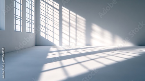 Sunlight streaming through window blinds, casting intricate, crisscrossing shadows on a white wall, creating a dramatic light and shadow pattern, serene and minimalistic ambiance, hd quality,