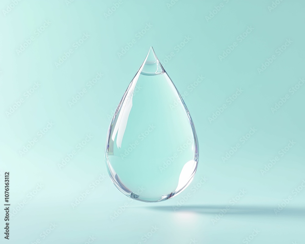 Clear water droplet rests gently on a serene blue backdrop, captivating 3D rendering. Clear water droplet rests gently on a serene blue backdrop, captivating 3D rendering.