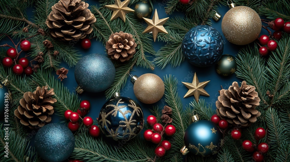 Winter holiday wallpaper, blue and gold bubbles and pine cones Winter holiday wallpaper, blue and gold bubbles and pine cones