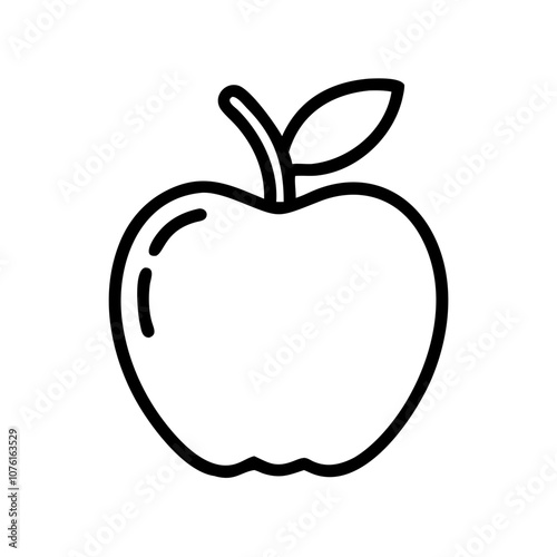 Simple black outline apple vector icon with stem and leaf, perfect for healthy food, nutrition, education, or fruit-related graphic design projects and web elements.