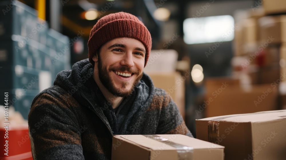 Fototapeta premium A cheerful man in a beanie smiles while sitting amidst stacked cardboard boxes in a warehouse setting.