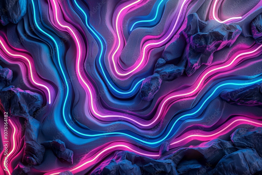 Obraz premium Vibrant Abstract Background of Neon Lights Creating Colorful Waves and Lines Over Dark Surface with Textured Elements for Modern Design Projects
