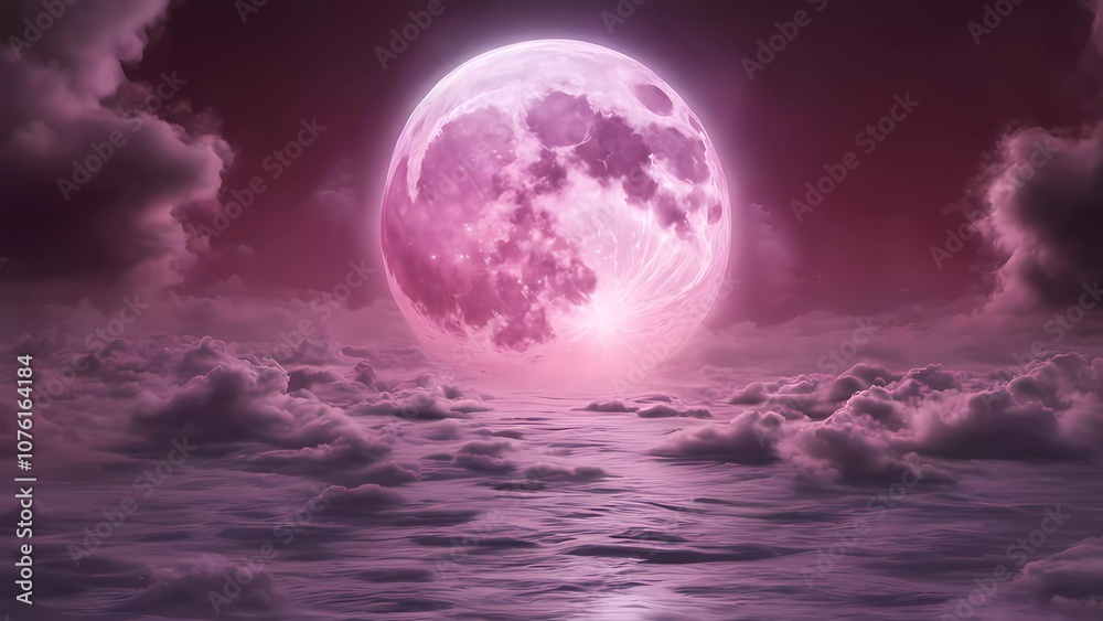 A large pink moon rises over a sea of clouds, casting an ethereal glow on the scene. A large pink moon rises over a sea of clouds, casting an ethereal glow on the scene.
