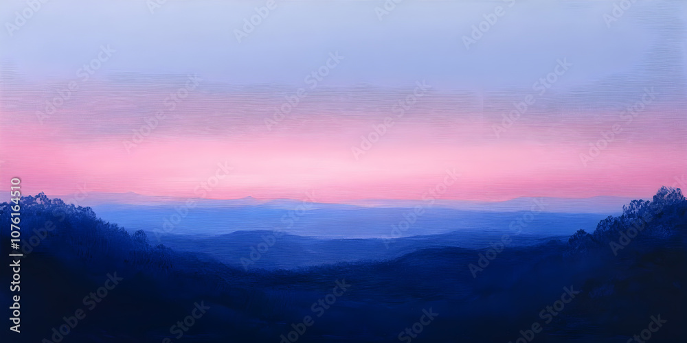 Serene Mountain Sunset: A tranquil landscape painting capturing the soft glow of a pink and purple sunset over a distant mountain range. The painting exudes peace and tranquility. Serene Mountain Sunset: A tranquil landscape painting capturing the soft glow of a pink and purple sunset over a distant mountain range. The painting exudes peace and tranquility.