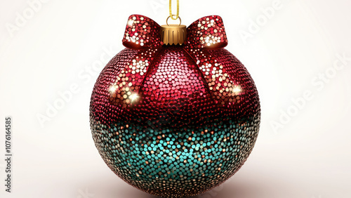 Close-Up of a Sparkling Christmas Ornament with Red and Green Color photo