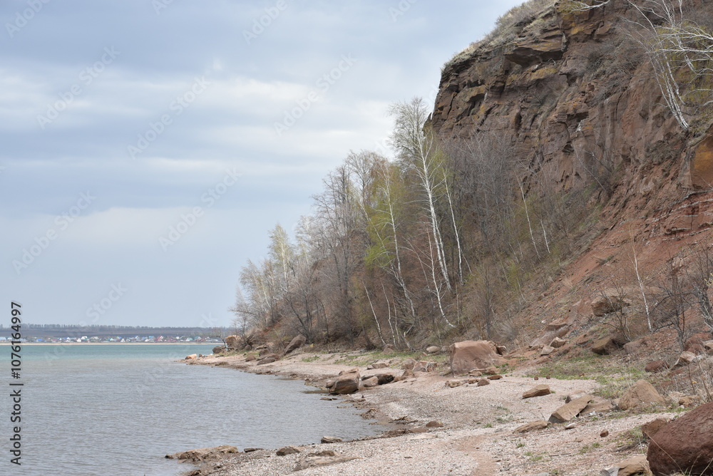 Rocky shoreline view near a calm body of water with trees Rocky shoreline view near a calm body of water with trees