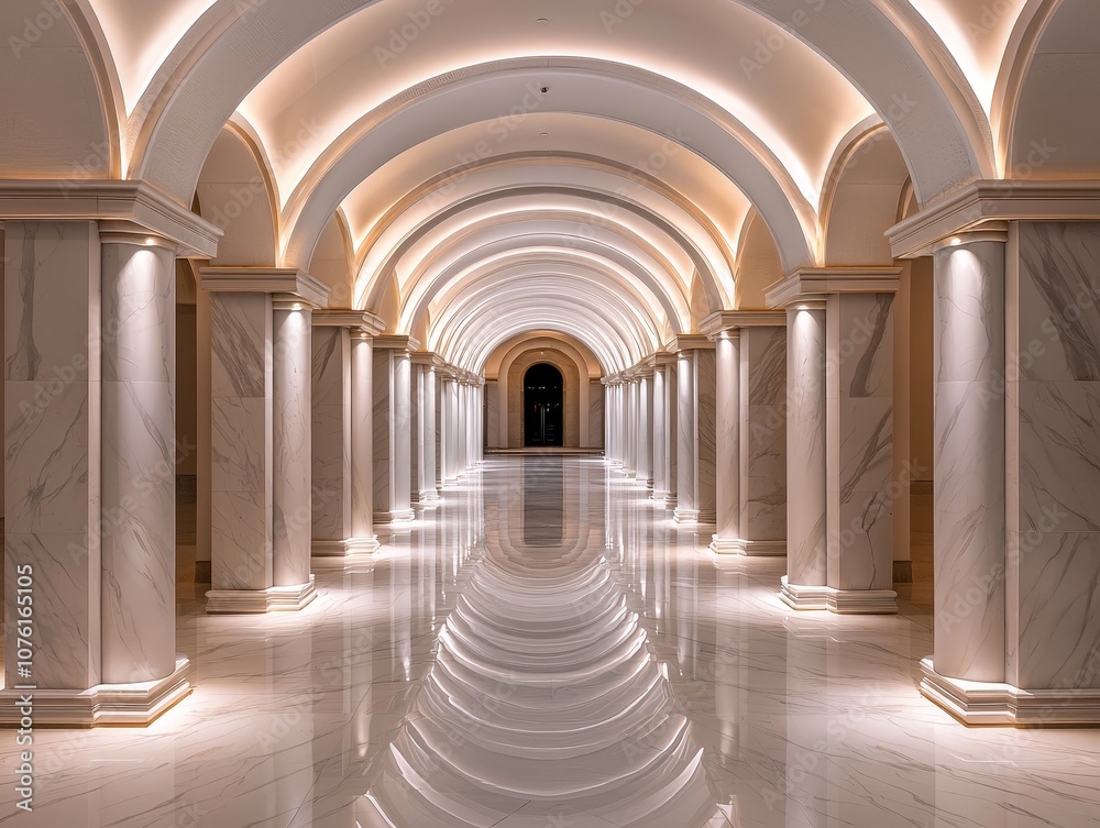 Obraz premium Elegant Smooth White Marble Tunnel in a Luxurious Building with Arched Columns and Soft Lighting for a Serene Ambiance