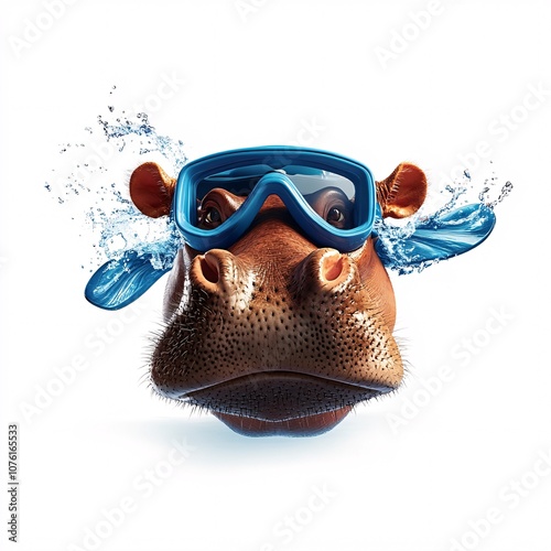 Playful Hippo Wearing Snorkel and Flippers