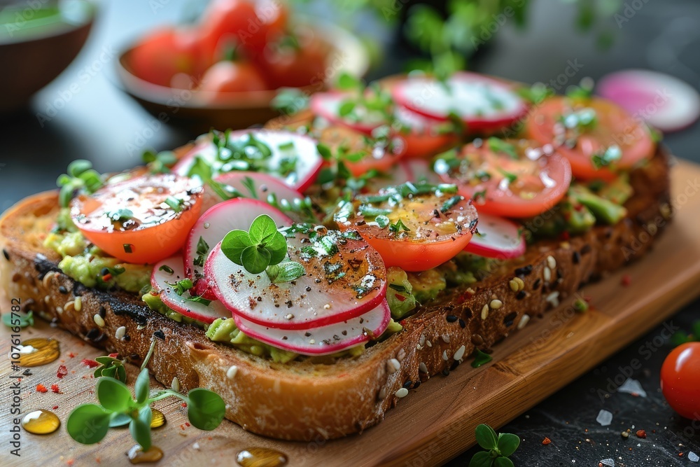 Toasted Bread with Avocado, Tomato, and Radish Slices Toasted Bread with Avocado, Tomato, and Radish Slices
