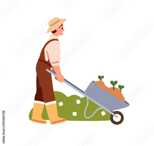 Farmer with wheelbarrow, field and garden work. Gardener, farm agriculture wo...
