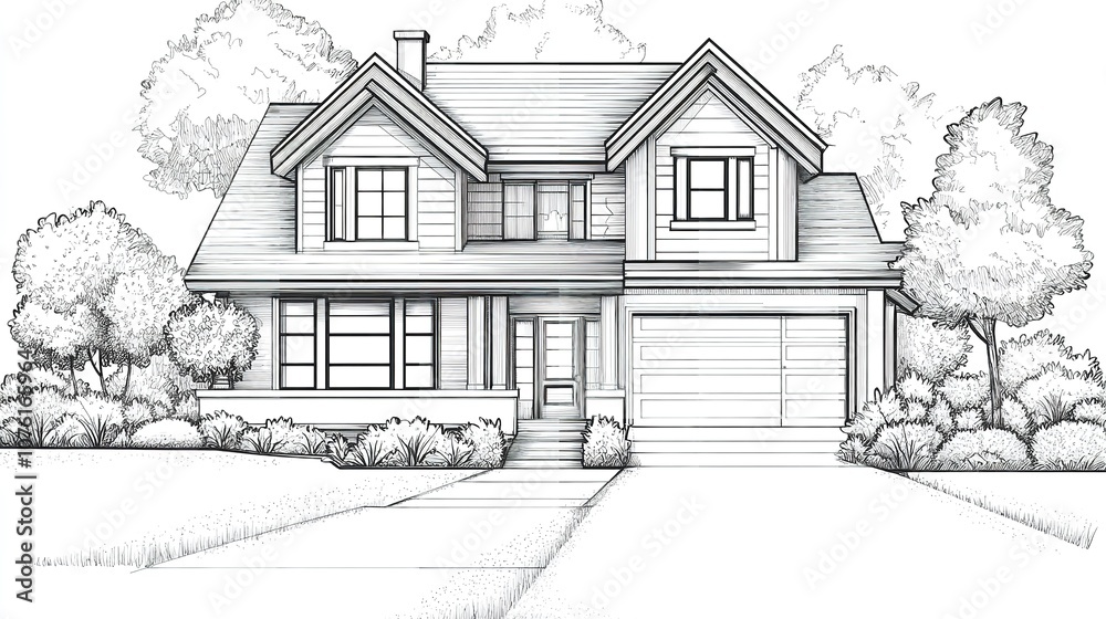 A detailed black and white architectural drawing of a contemporary multi-level villa with expansive balconies among trees A detailed black and white architectural drawing of a contemporary multi-level villa with expansive balconies among trees