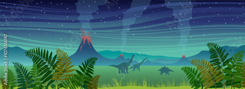Prehistoric landscape with green fern, erupting volcanoes, silhouette of dinosaurs and night sky with stars. Cartoon vector illustration with silhouette of dino on the Jurassic period.