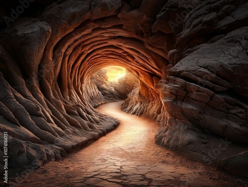 Sunlit Winding Tunnel Carved Into a Majestic Canyon Landscape Showcasing Natural Rock Formations and Beautiful Light Effects photo