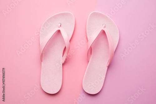  Flip-flops in a soft pink color against a background that transitions from deep fuchsia to pale blush. 