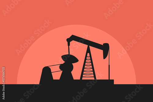 Crude oil extraction pump machine with sunset sky background