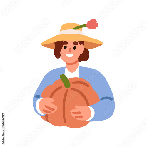 Woman farmer holding pumpkin, autumn vegetable harvest. Happy agriculture and...