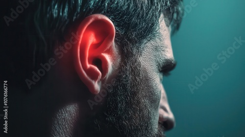 Closeup of patient s ear with redness, detailed view, showing pain and ringing symptoms photo