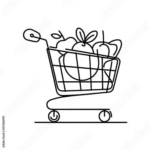 Minimalist shopping cart with fresh fruits line art design