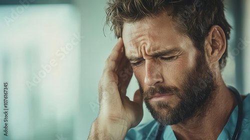 Man pressing ear with pained expression, sterile room, medical symptom of ringing in ears