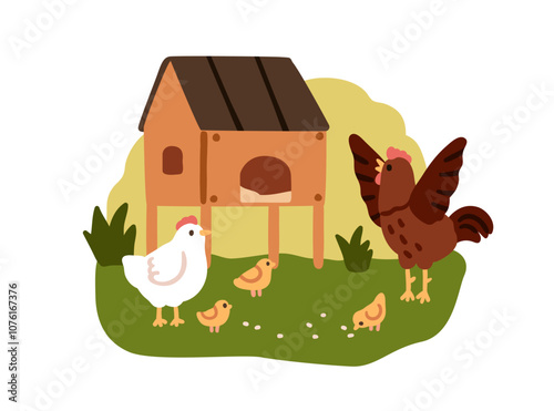 Cute hen and rooster family with chicken brood. Chick and cock pecking grains at henhouse in country. Free-range poultry, farm fowl, birds. Rural flat vector illustration isolated on white background
