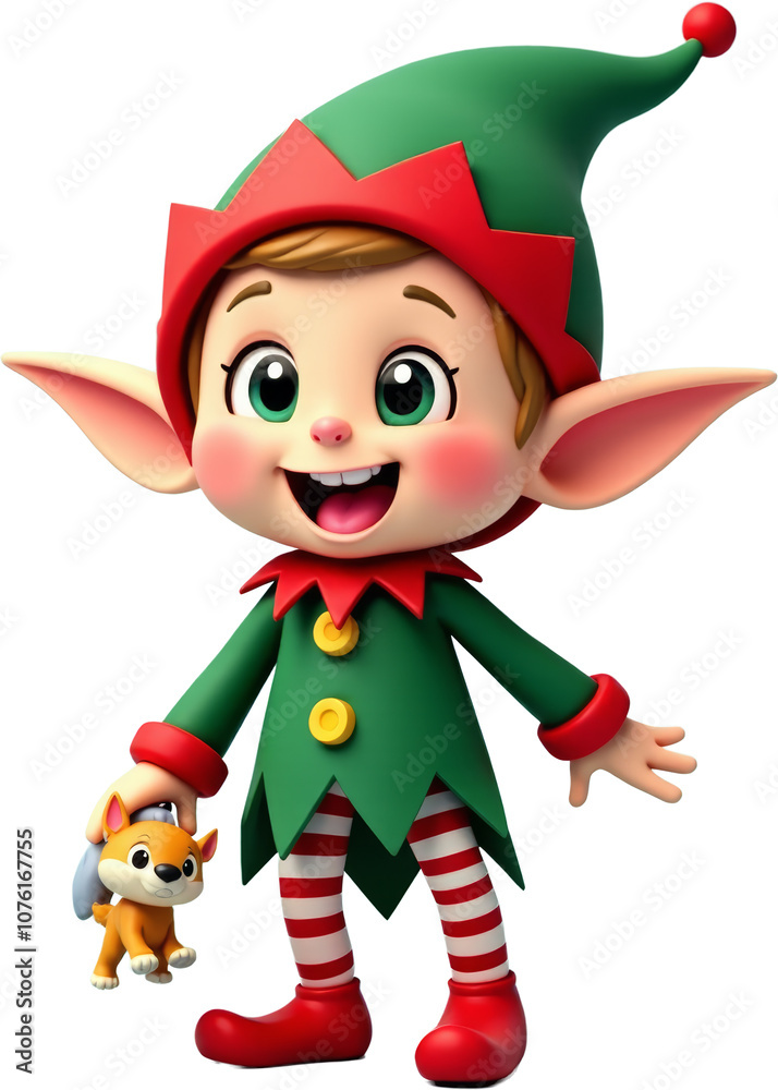 Charming cartoon Christmas elf with big ears and a green outfit, holding a toy. Festive character with a red scarf, ideal for holiday decor and Christmas designs. Transparent background.
Charming cartoon Christmas elf with big ears and a green outfit, holding a toy. Festive character with a red scarf, ideal for holiday decor and Christmas designs. Transparent background.