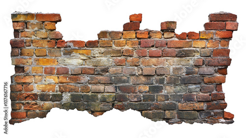 Weathered brick wall with gaping hole, study in texture damage and architectural detail photo