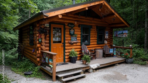 A cozy log cabin surrounded by lush greenery, ideal for peaceful retreats.