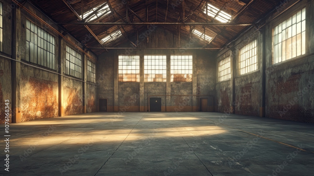 Sunbeams Illuminate an Empty Industrial Warehouse Sunbeams Illuminate an Empty Industrial Warehouse